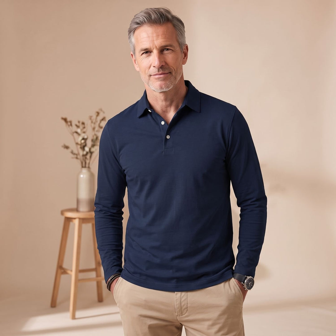 Herren Langarm Poloshirt Klassischer Polokragen Kurzknopfleiste - Marineblau
