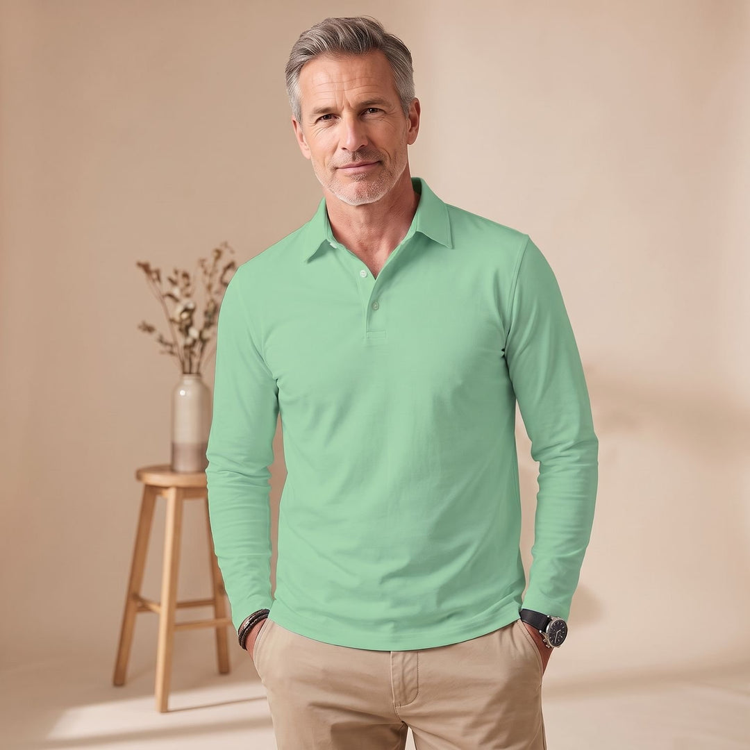Herren Langarm Poloshirt Klassischer Polokragen Kurzknopfleiste - Grün