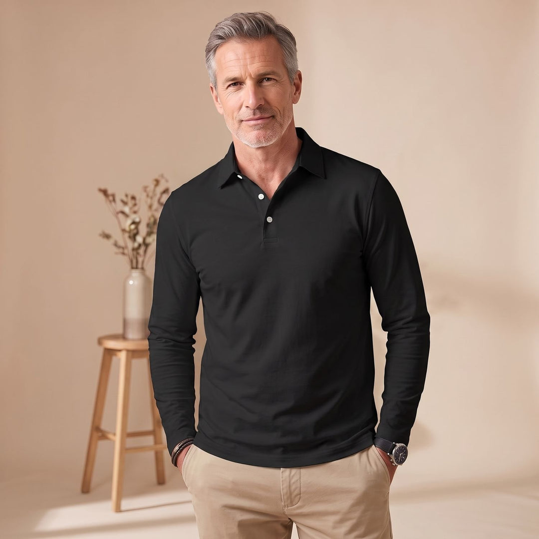 Herren Langarm Poloshirt Klassischer Polokragen Kurzknopfleiste - Schwarz