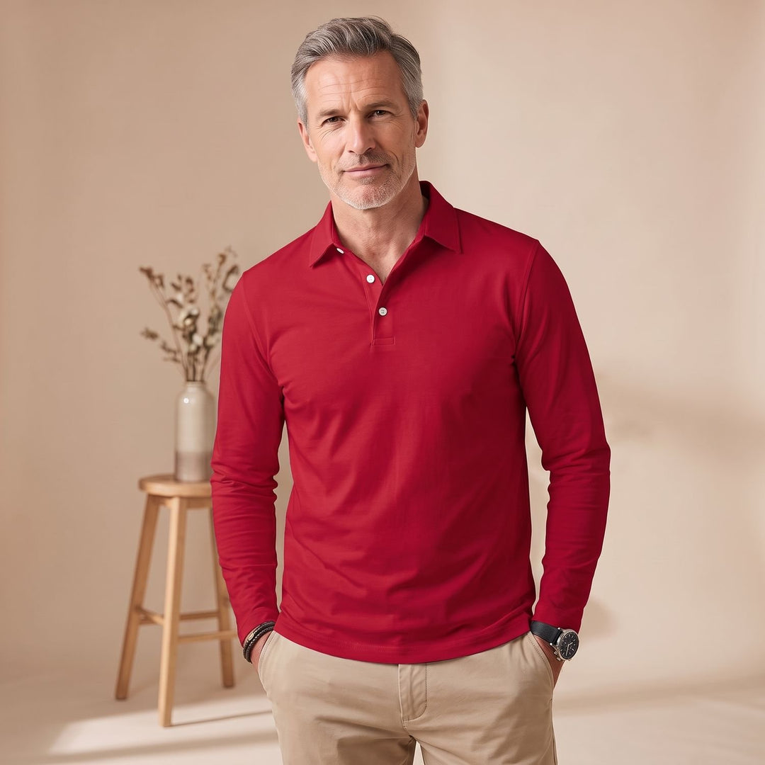 Herren Langarm Poloshirt Klassischer Polokragen Kurzknopfleiste - Rot