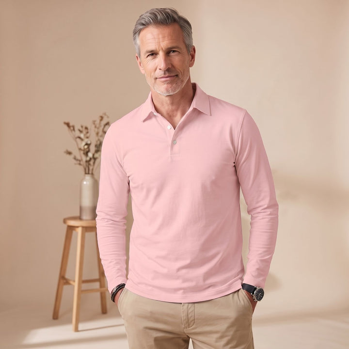 Herren Langarm Poloshirt Klassischer Polokragen Kurzknopfleiste - Hellrosa