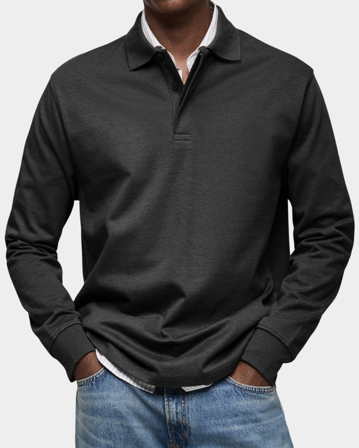 Herren Langarm-Poloshirt klassischer Schnitt atmungsaktiv - Schwarz