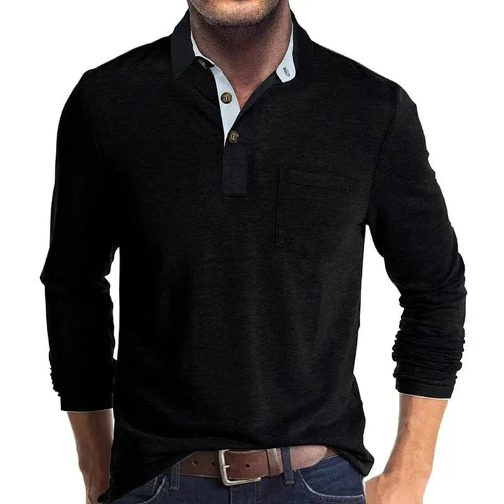 Herren Langarm-Poloshirt mit Knopfleiste und Brusttasche - Schwarz