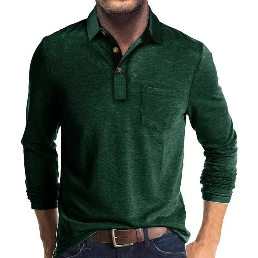 Herren Langarm-Poloshirt mit Knopfleiste und Brusttasche - Grün