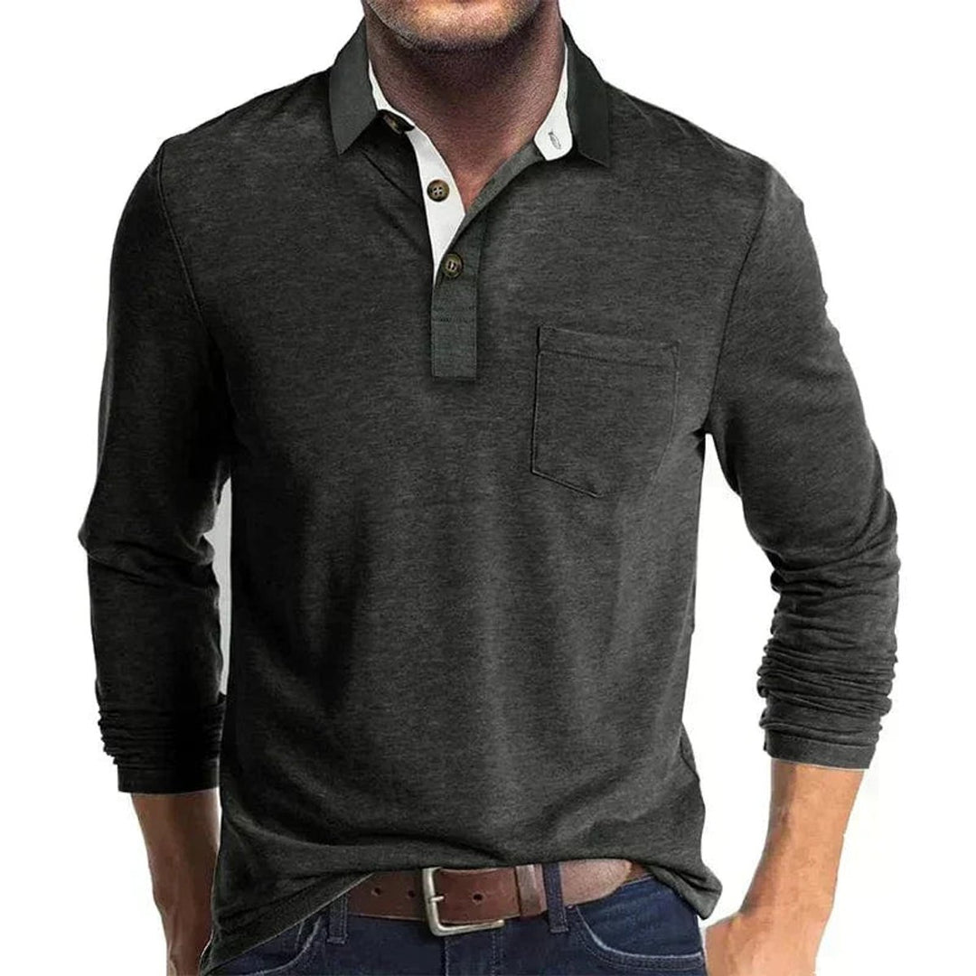Herren Langarm-Poloshirt mit Knopfleiste und Brusttasche - Dunkelgrau