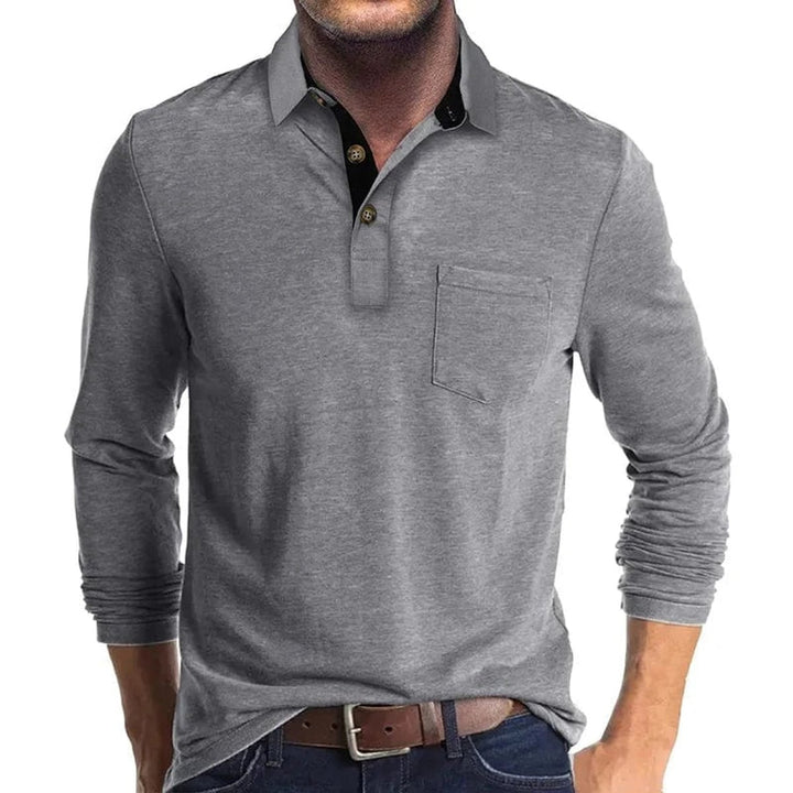 Herren Langarm-Poloshirt mit Knopfleiste und Brusttasche - Hellgrau