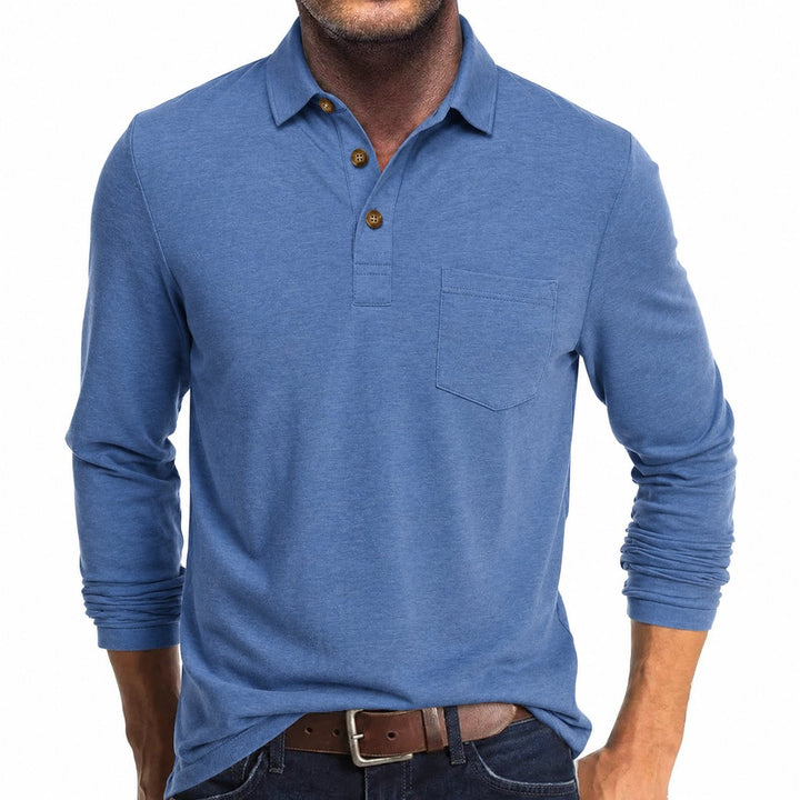 Herren Langarm-Poloshirt mit Knopfleiste und Brusttasche - Hellblau