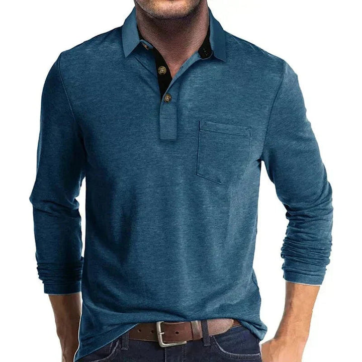 Herren Langarm-Poloshirt mit Knopfleiste und Brusttasche - Blau