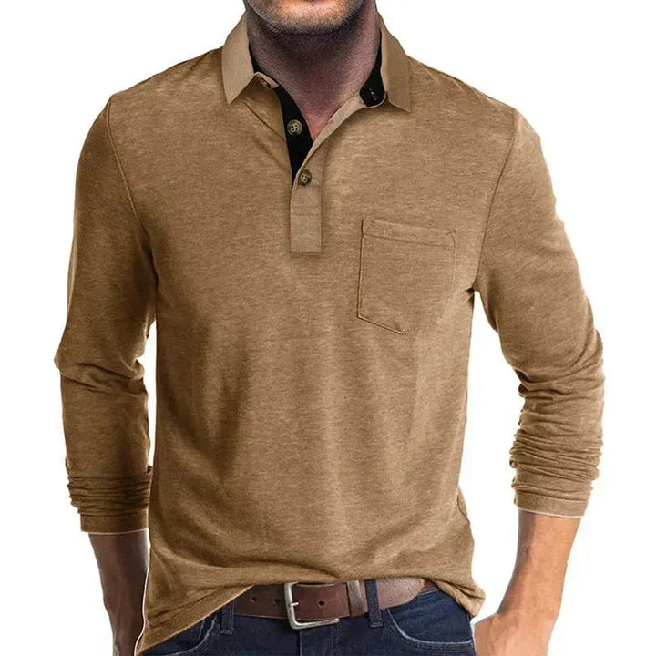Herren Langarm-Poloshirt mit Knopfleiste und Brusttasche - Braun