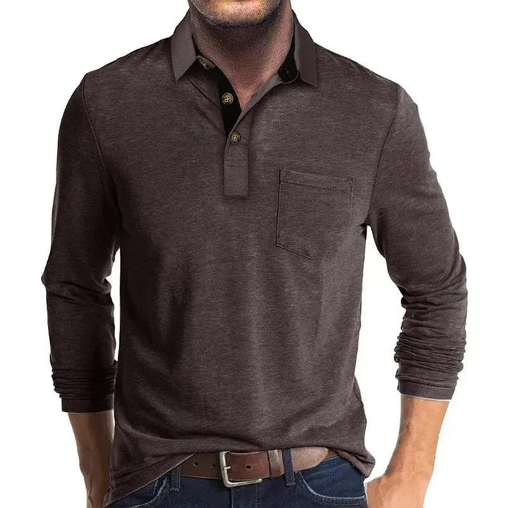 Herren Langarm-Poloshirt mit Knopfleiste und Brusttasche - Dunkelbraun