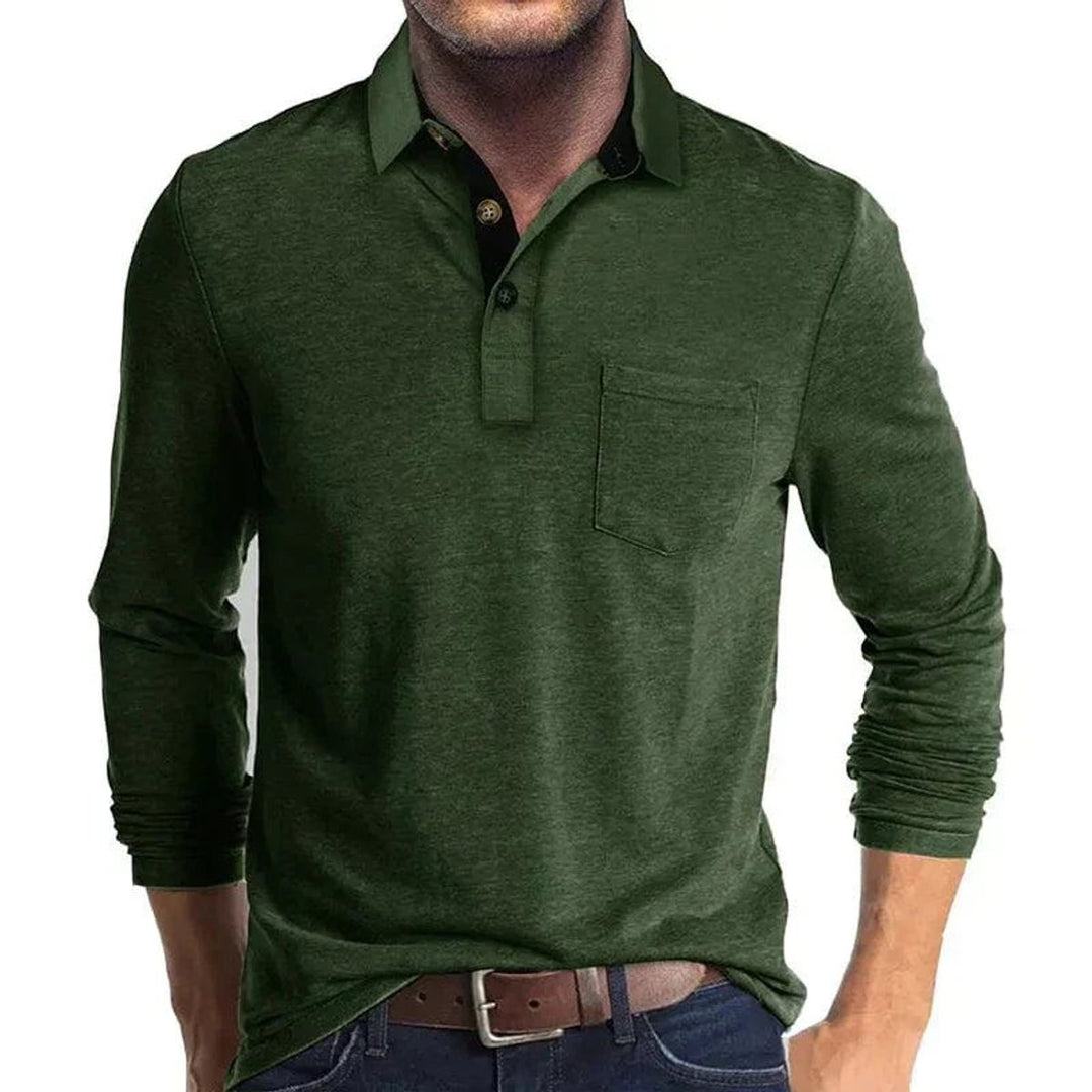 Herren Langarm-Poloshirt mit Knopfleiste und Brusttasche - Dunkelgrün
