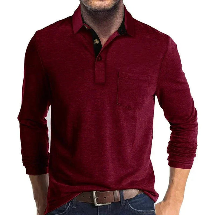 Herren Langarm-Poloshirt mit Knopfleiste und Brusttasche - Rot