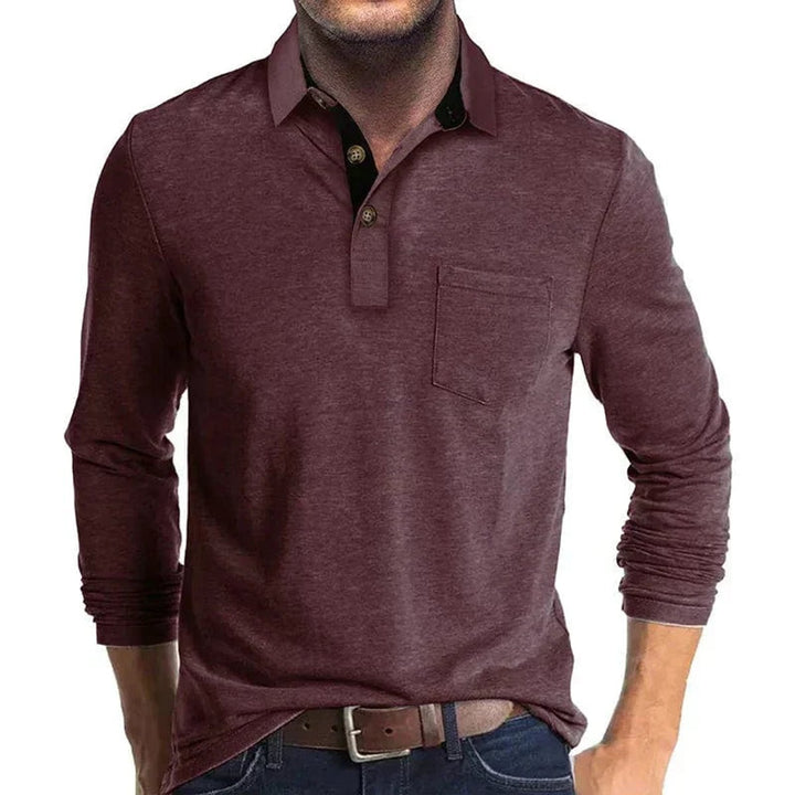 Herren Langarm-Poloshirt mit Knopfleiste und Brusttasche - Dunkelrot
