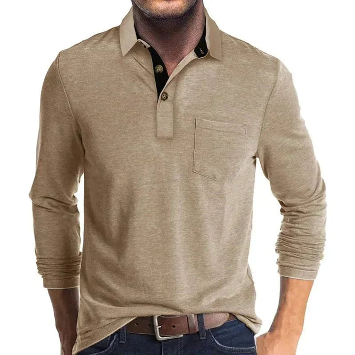Herren Langarm-Poloshirt mit Knopfleiste und Brusttasche - Khaki