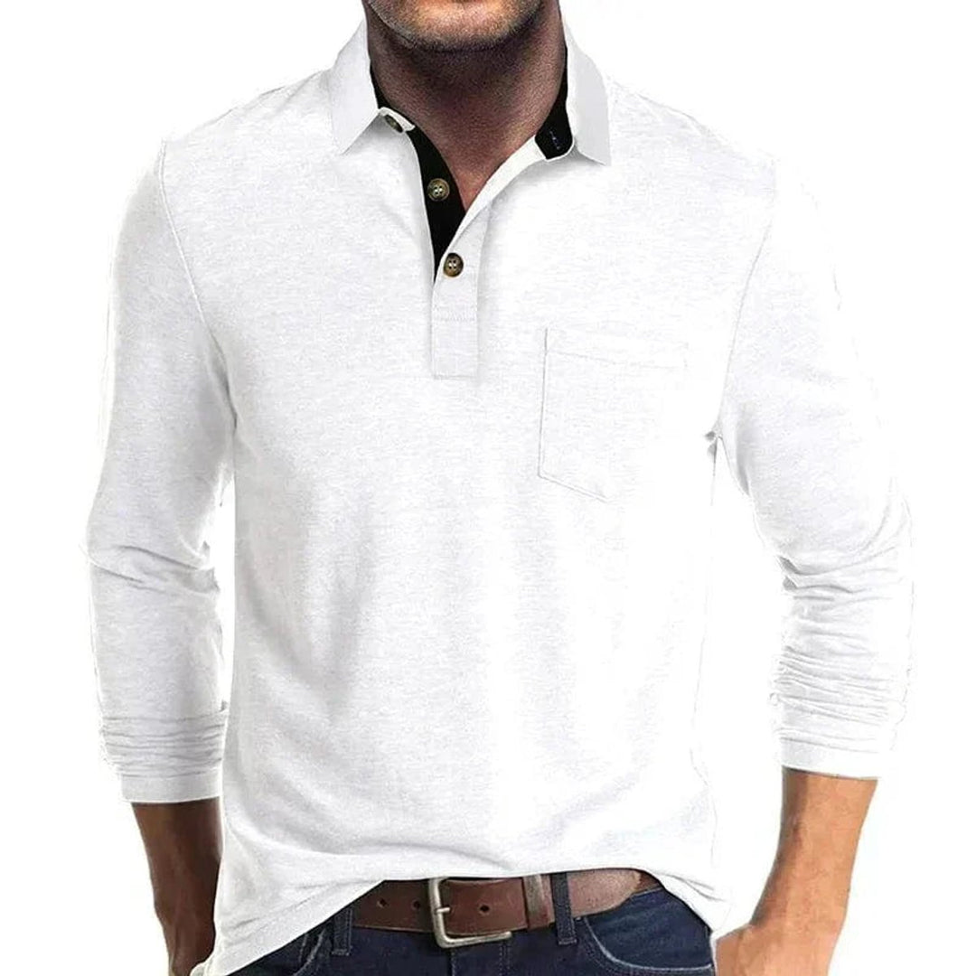 Herren Langarm-Poloshirt mit Knopfleiste und Brusttasche - Weiß