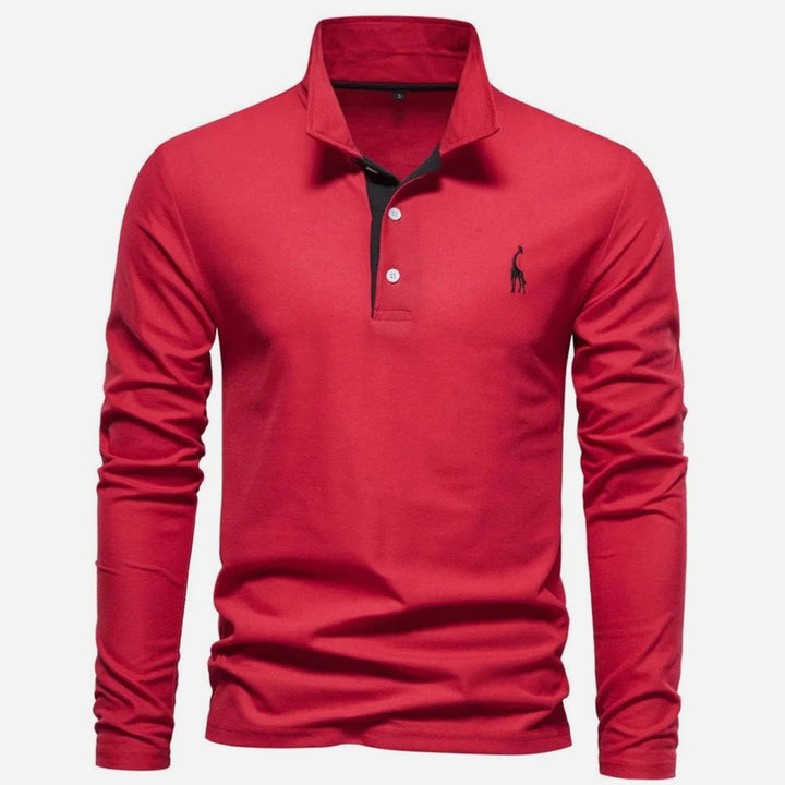 Herren Langarm-Poloshirt mit Knöpfen schlanker Schnitt Giraffenstickerei - Rot