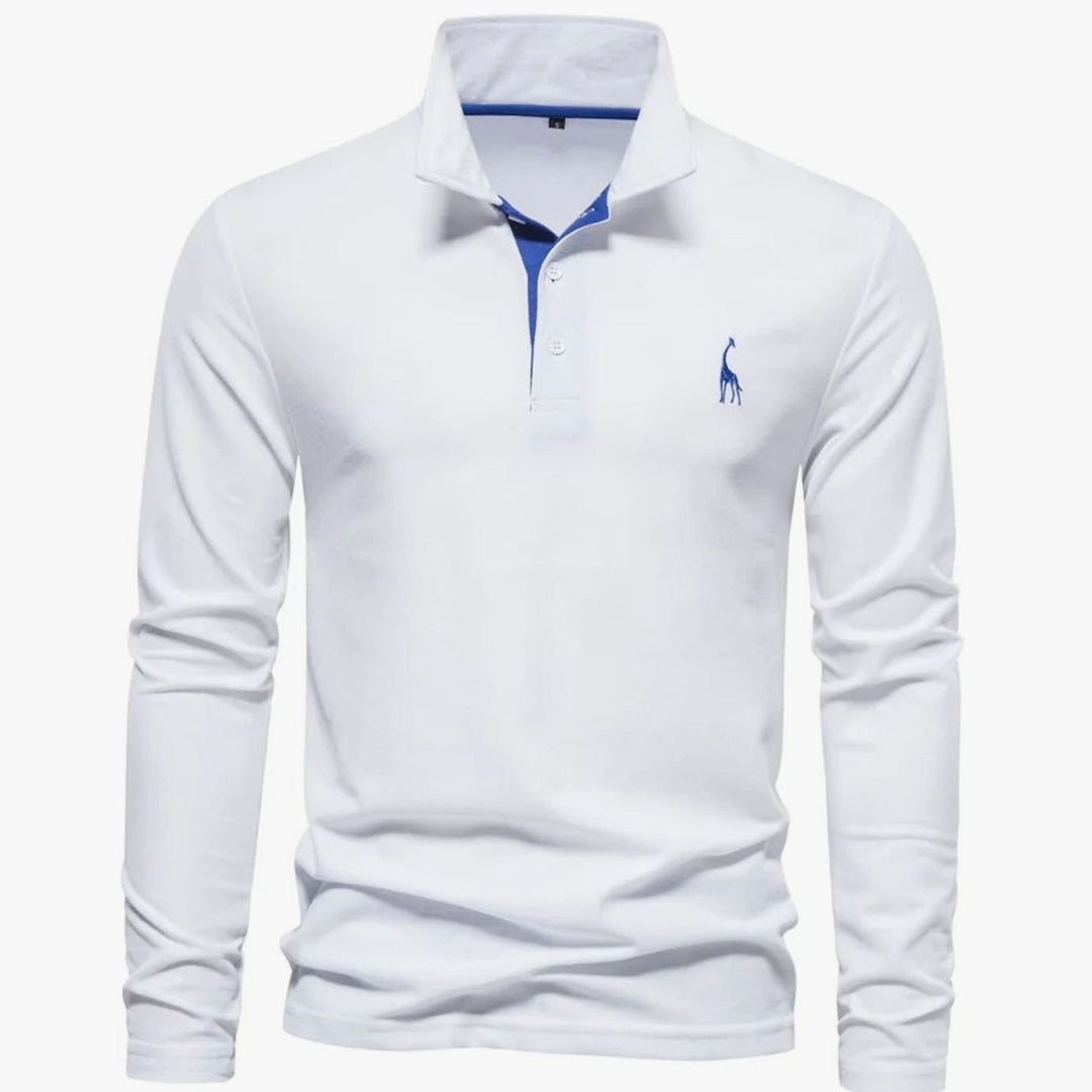 Herren Langarm-Poloshirt mit Knöpfen schlanker Schnitt Giraffenstickerei - Weiß