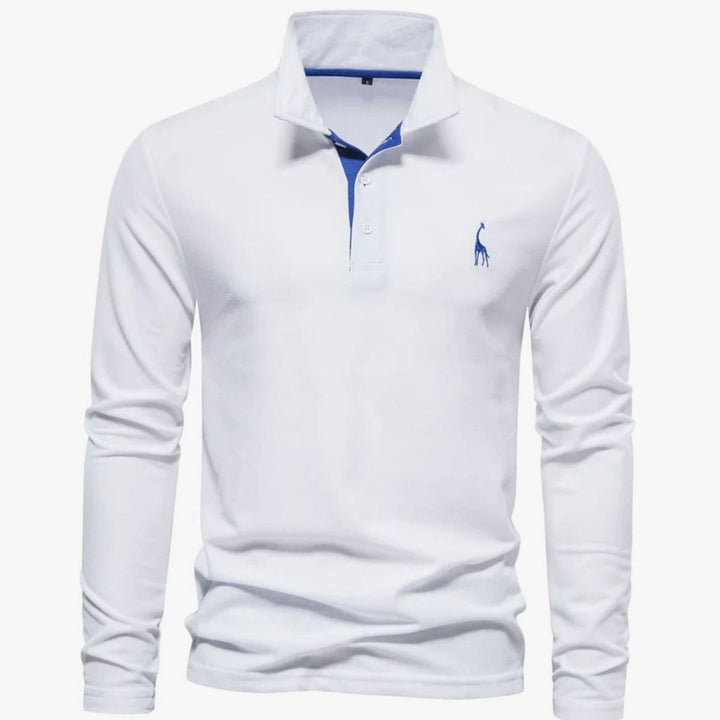Herren Langarm-Poloshirt mit Knöpfen schlanker Schnitt Giraffenstickerei - Weiß