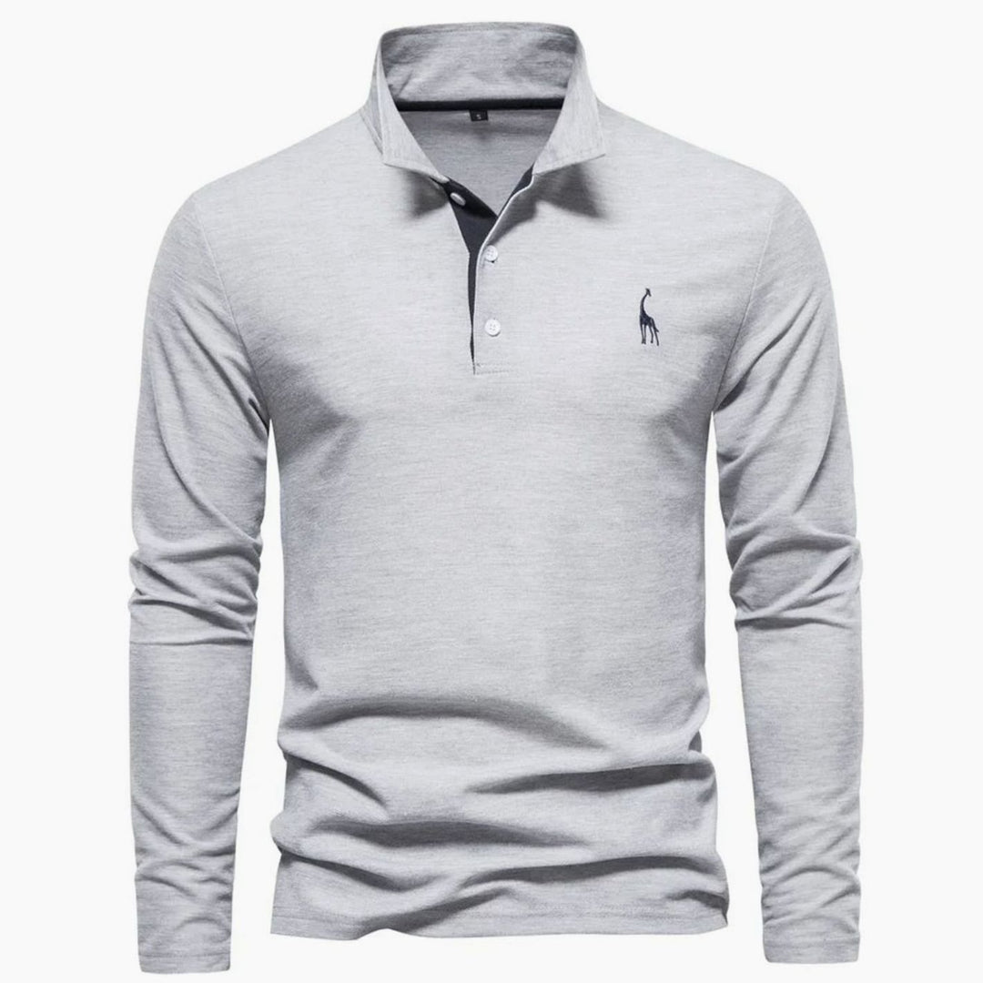 Herren Langarm-Poloshirt mit Knöpfen schlanker Schnitt Giraffenstickerei - Grau