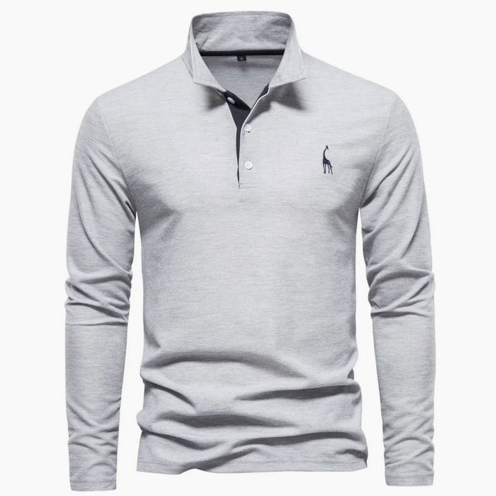 Herren Langarm-Poloshirt mit Knöpfen schlanker Schnitt Giraffenstickerei - Grau