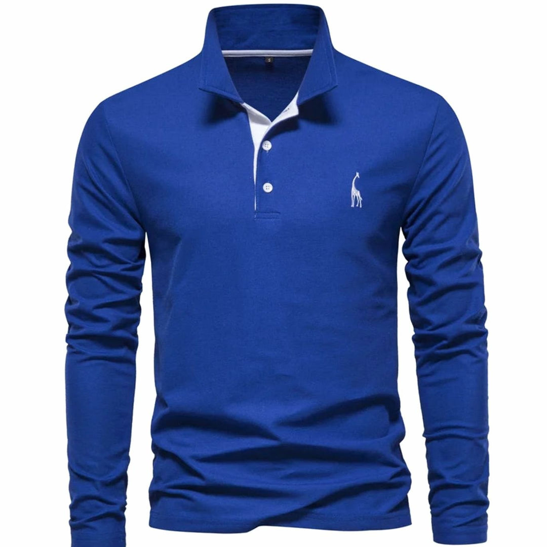 Herren Langarm-Poloshirt mit Knöpfen schlanker Schnitt Giraffenstickerei - Blau