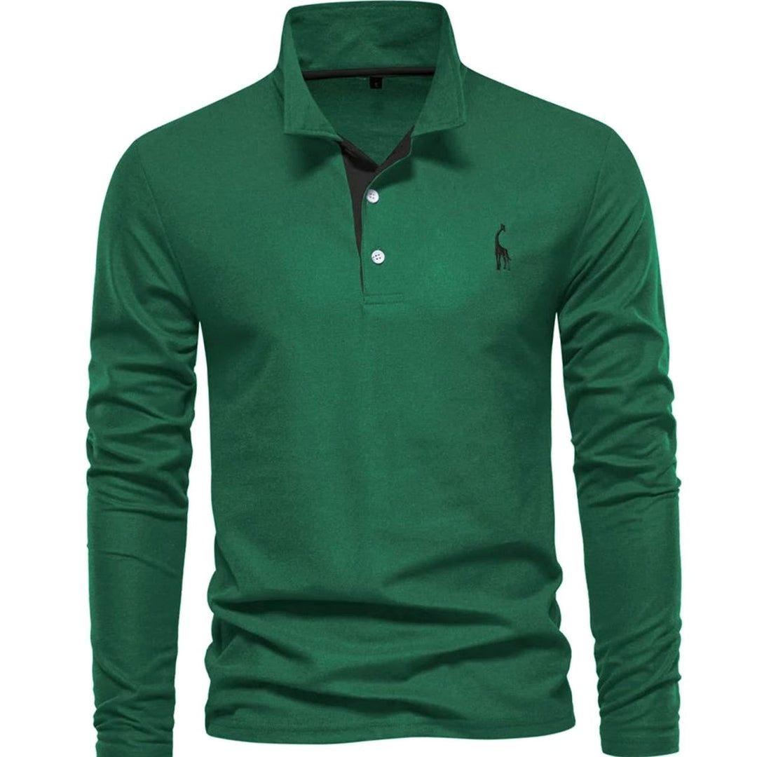 Herren Langarm-Poloshirt mit Knöpfen schlanker Schnitt Giraffenstickerei - Grün