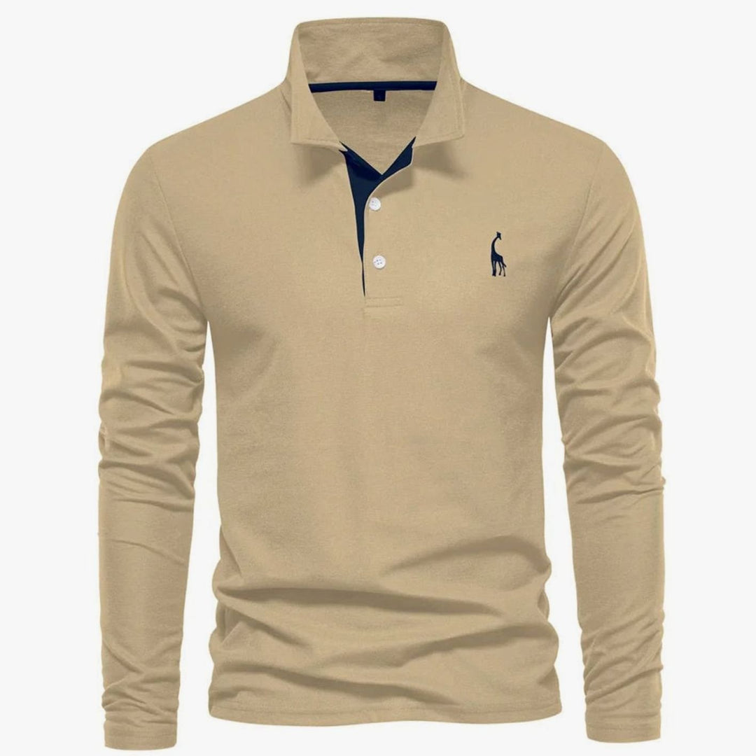 Herren Langarm-Poloshirt mit Knöpfen schlanker Schnitt Giraffenstickerei - Khaki