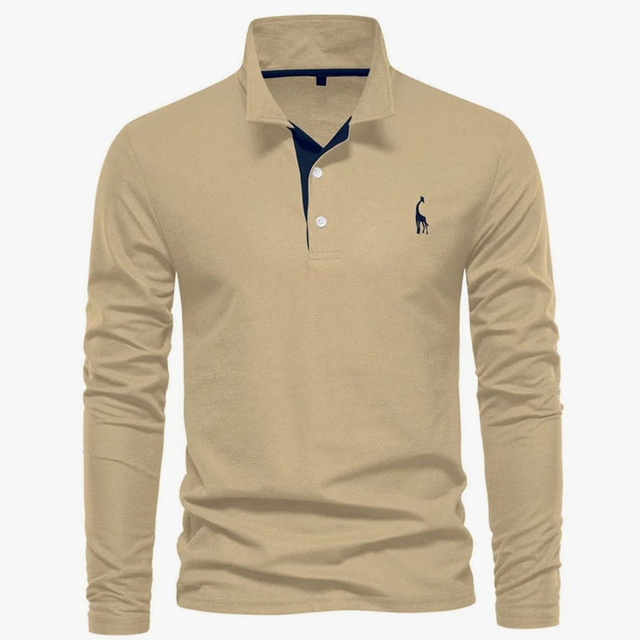 Herren Langarm-Poloshirt mit Knöpfen schlanker Schnitt Giraffenstickerei - Khaki