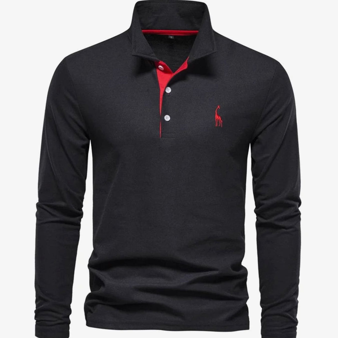 Herren Langarm-Poloshirt mit Knöpfen schlanker Schnitt Giraffenstickerei - Schwarz-Rot
