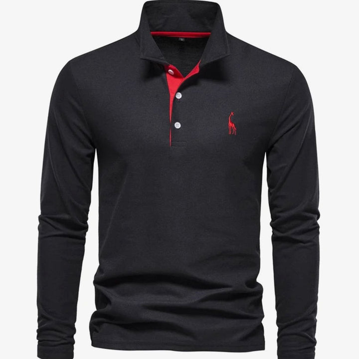 Herren Langarm-Poloshirt mit Knöpfen schlanker Schnitt Giraffenstickerei - Schwarz-Rot