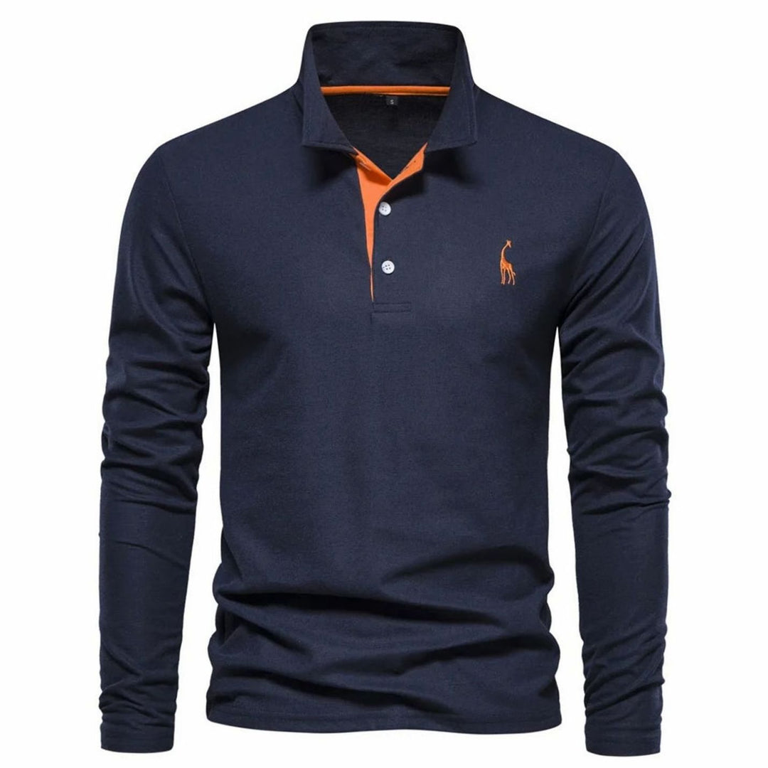 Herren Langarm-Poloshirt mit Knöpfen schlanker Schnitt Giraffenstickerei - Marineblau-Orange