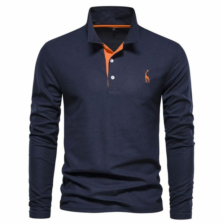 Herren Langarm-Poloshirt mit Knöpfen schlanker Schnitt Giraffenstickerei - Marineblau-Orange