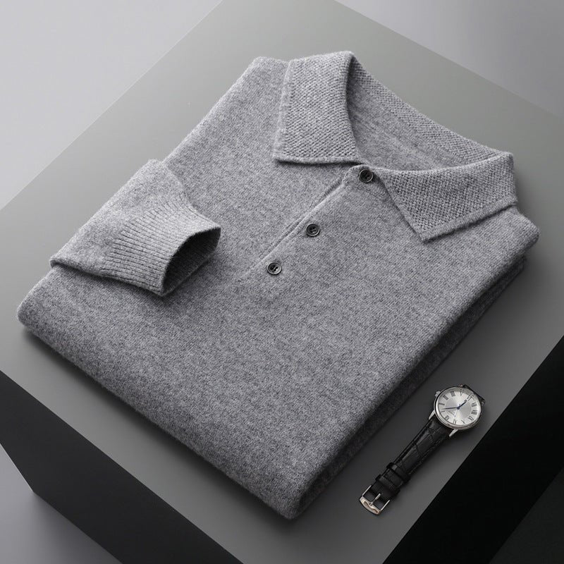 Herren Langarm-Poloshirt Weicher Strick Regular Fit Umlegekragen - Grey