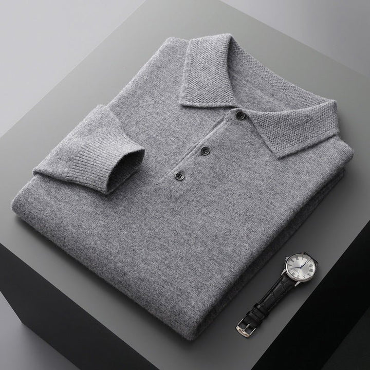 Herren Langarm-Poloshirt Weicher Strick Regular Fit Umlegekragen - Grey