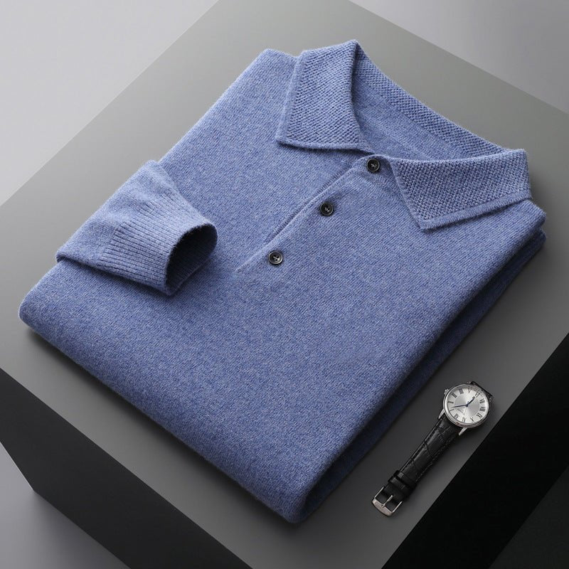 Herren Langarm-Poloshirt Weicher Strick Regular Fit Umlegekragen - Blue