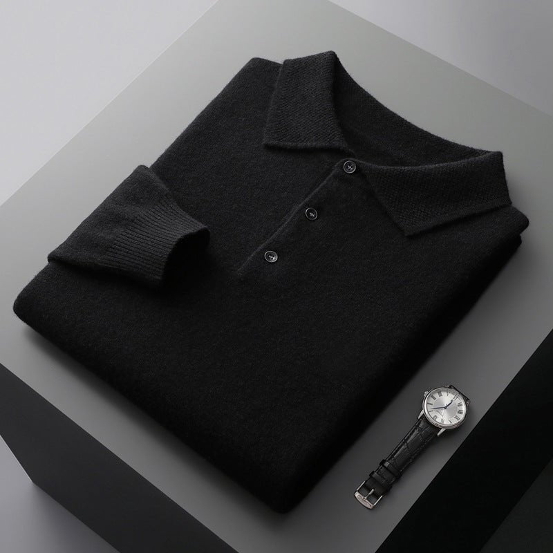 Herren Langarm-Poloshirt Weicher Strick Regular Fit Umlegekragen - Black