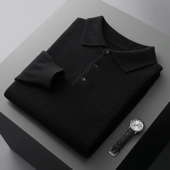 Herren Langarm-Poloshirt Weicher Strick Regular Fit Umlegekragen - Black