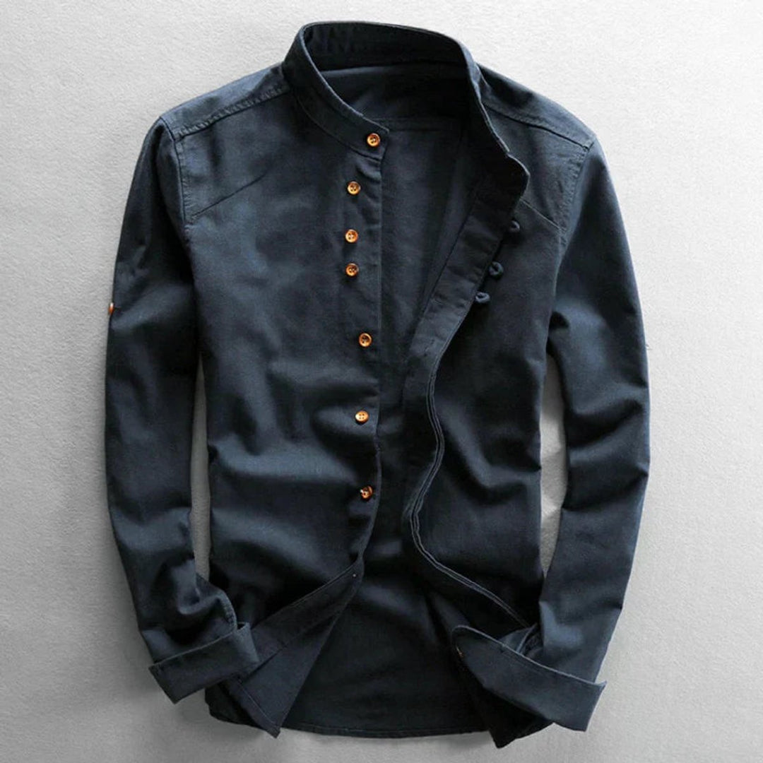 Herren Langarm-Stehkragen-Hemd knitterfreies Leinenhemd - Blau