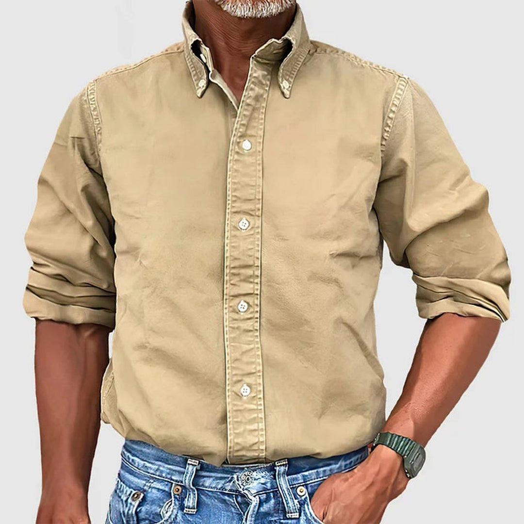Herren Langarmhemd Knopfleiste Regular-Fit Baumwollhemd - Khaki