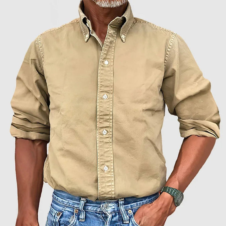 Herren Langarmhemd Knopfleiste Regular-Fit Baumwollhemd - Khaki