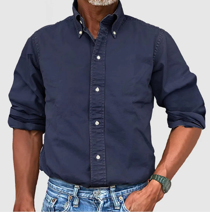 Herren Langarmhemd Knopfleiste Regular-Fit Baumwollhemd - Marineblau