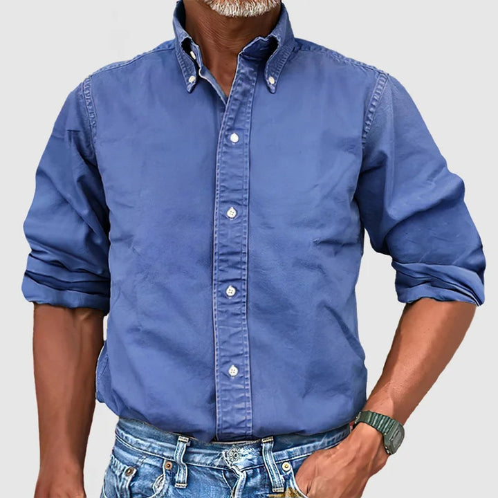 Herren Langarmhemd Knopfleiste Regular-Fit Baumwollhemd - Blau