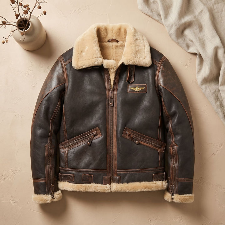 Herren Leder Fliegerjacke mit Schaffell-Innenfutter im Vintage-Stil