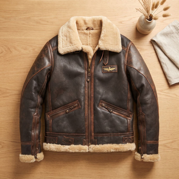Herren Leder Fliegerjacke mit Schaffell-Innenfutter im Vintage-Stil - Braun