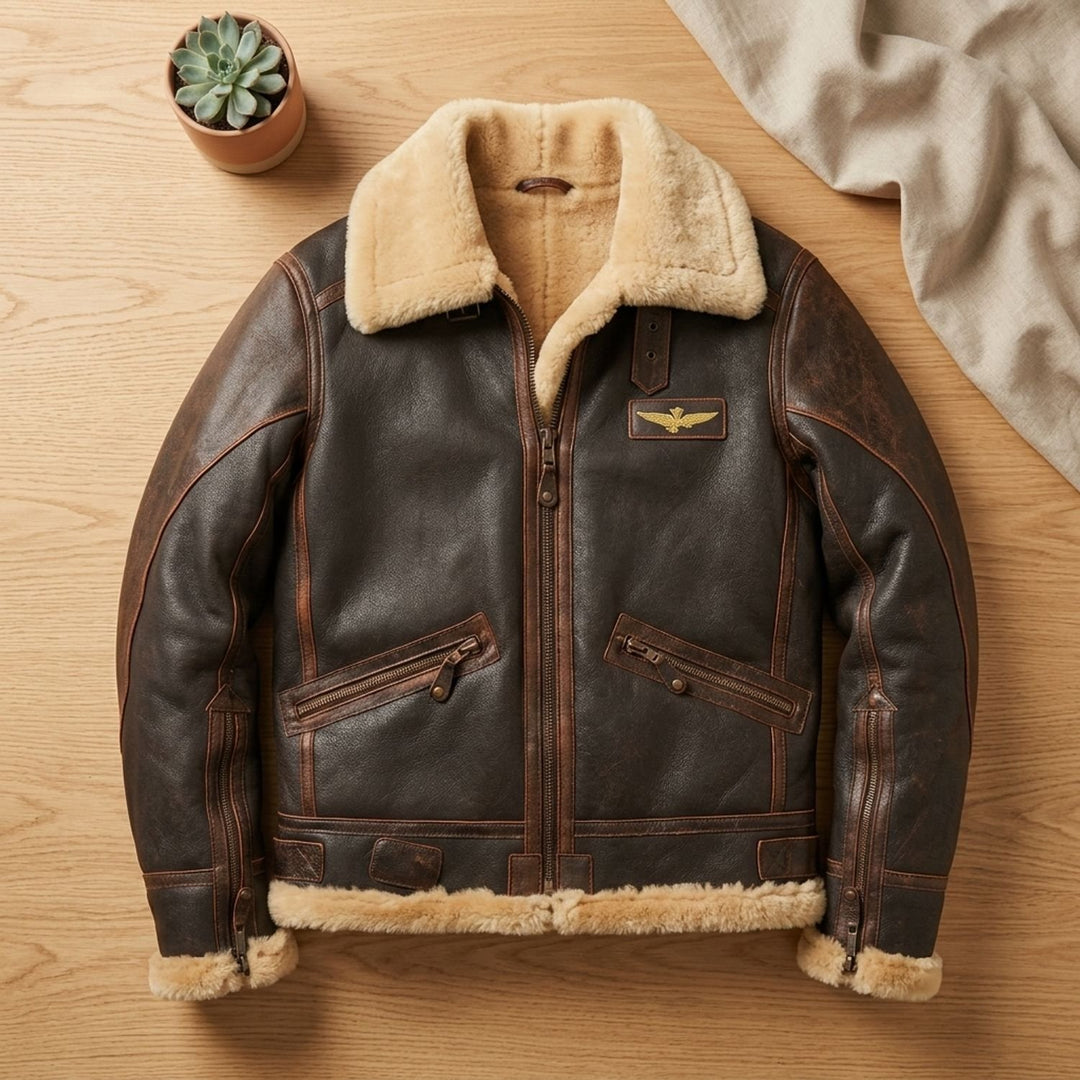 Herren Leder Fliegerjacke mit Schaffell-Innenfutter im Vintage-Stil