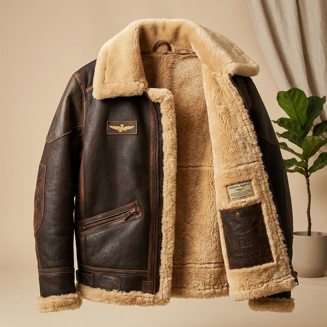 Herren Leder Fliegerjacke mit Schaffell-Innenfutter im Vintage-Stil