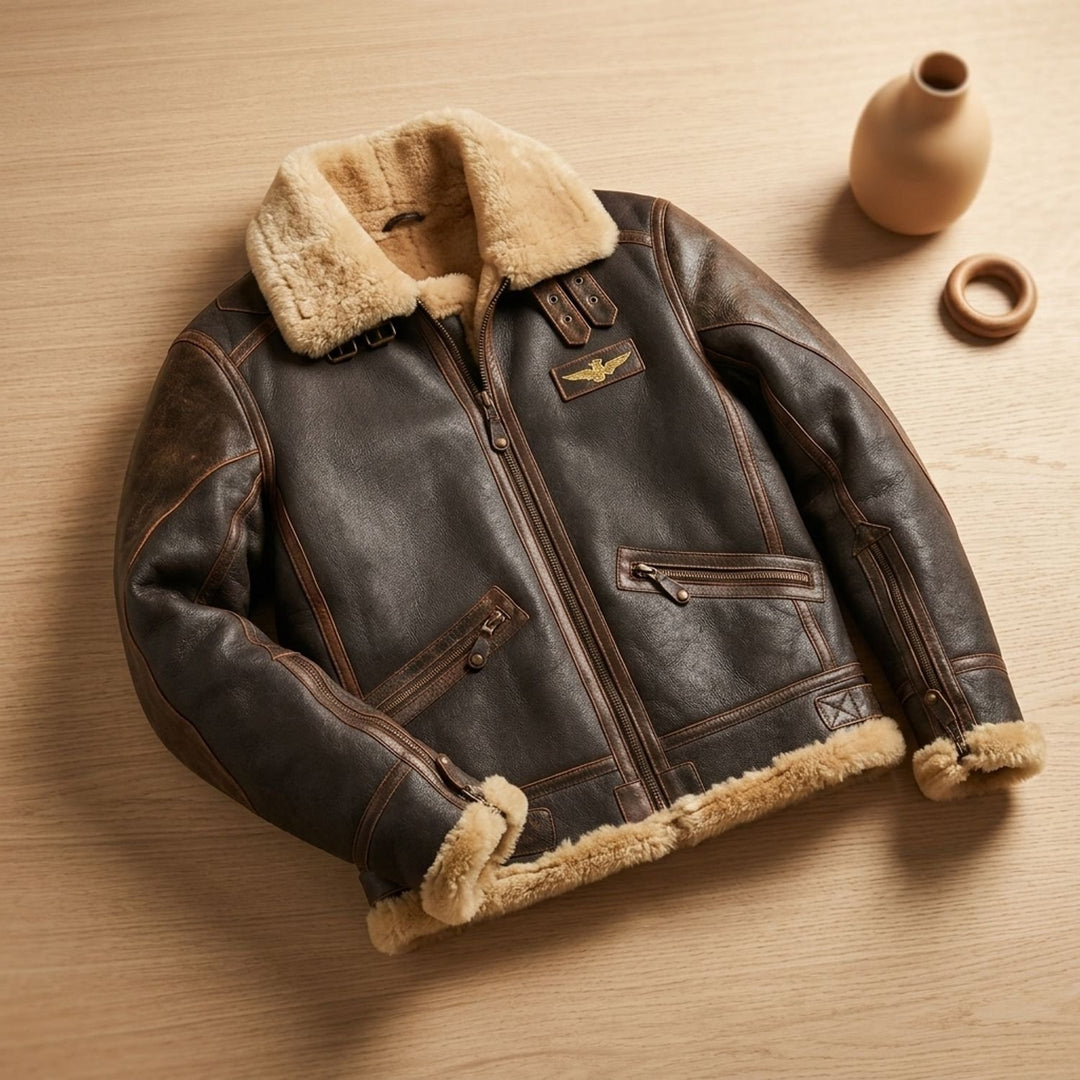 Herren Leder Fliegerjacke mit Schaffell-Innenfutter im Vintage-Stil