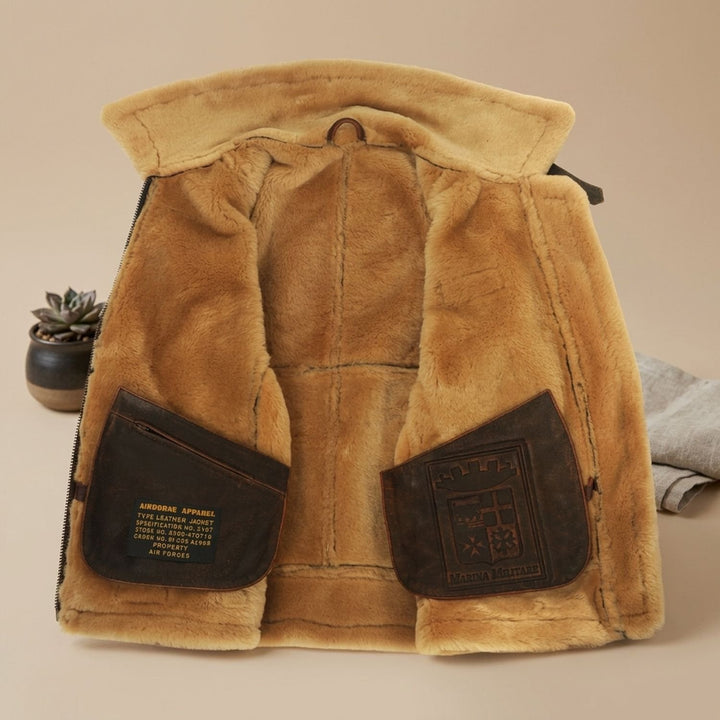 Herren Leder Fliegerjacke mit Schaffell-Innenfutter im Vintage-Stil