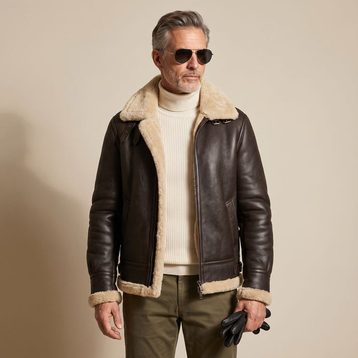 Herren Leder Fliegerjacke mit Teddyfell-Futter Zip-Bomber - Kaffee