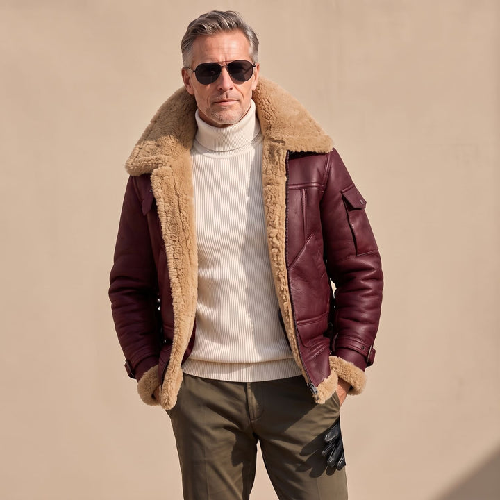 Herren Leder Fliegerjacke mit Teddyfell-Futter Zip-Bomber - Rot